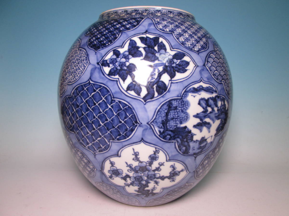 ☆ 平安 坂口三楽 染付 祥瑞 染付 舟に山水花鳥文 花瓶 高さ 28.5cm 青華 大作 飾り壷拍卖