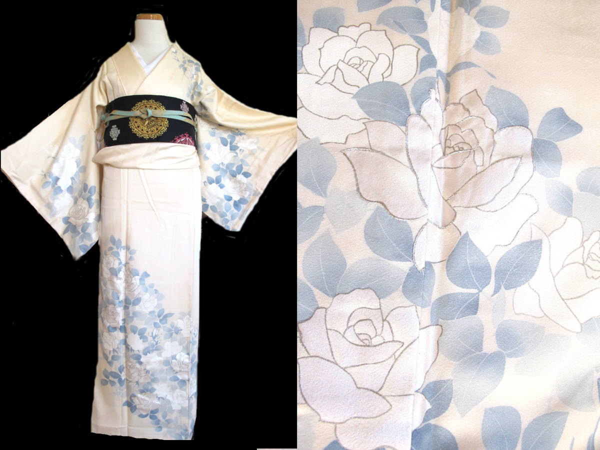 エレガントな光沢 白薔薇のセミアンティーク付け下げ着物 刺繍拍卖