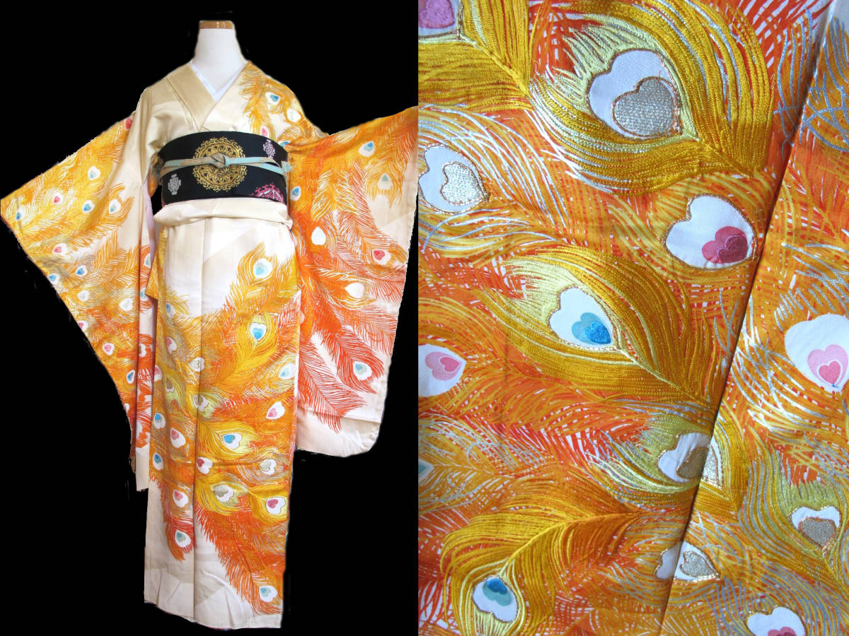 不死鳥 鳳凰のセミアンティークお振袖 羽根 火の鳥 刺繍拍卖