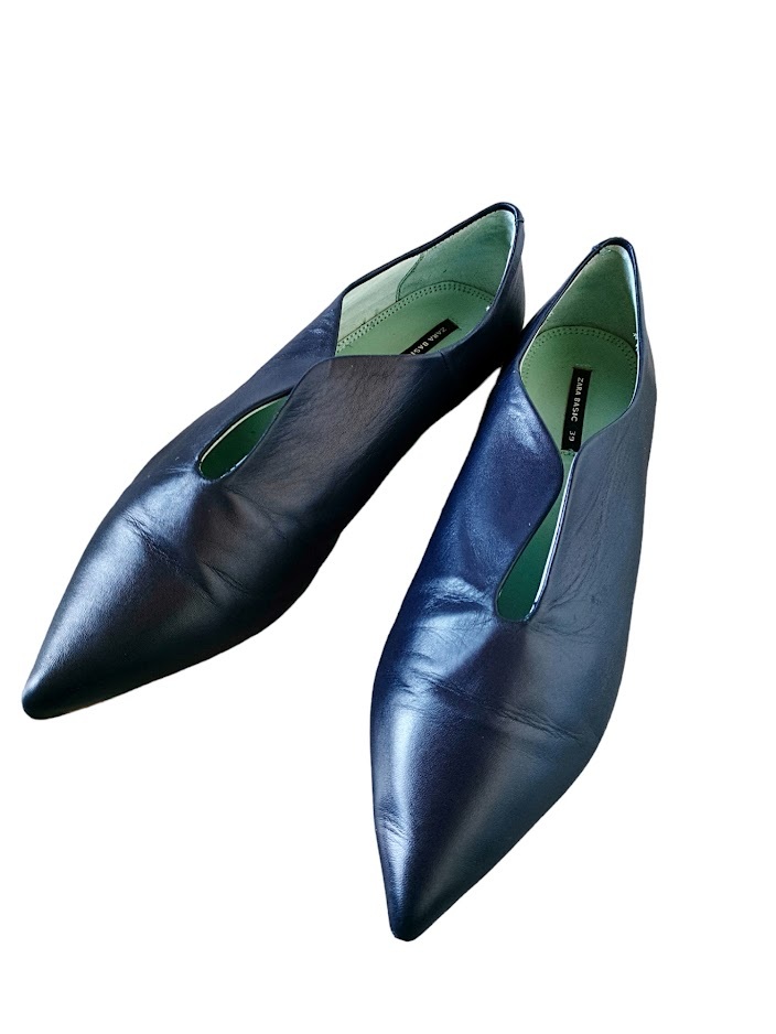 ●ZARAザラ/Vカットローヒールパンプス/ポインテッド/牛革/ブルー/ネイビー/サイズ39/24.5cm● 拍卖