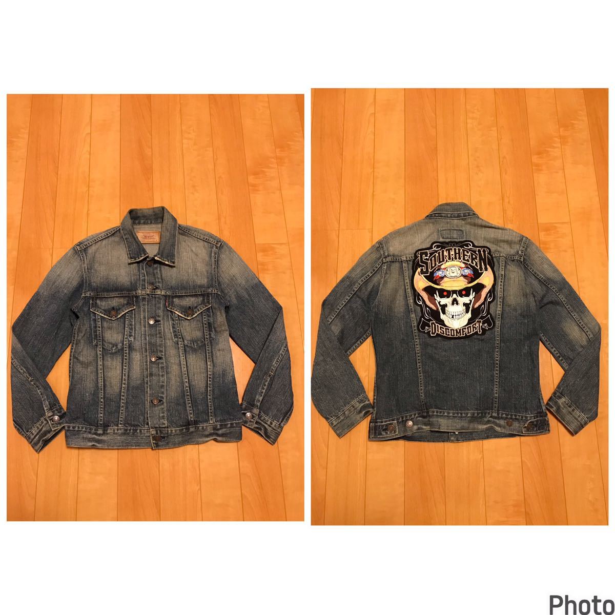 良品☆リーバイス 70599・M大き目 .色落ち&ダメージビンテージ加工デニムジャケット Gジャン 赤タブ 3rd型 BIGワッペン付ターミネーター風拍卖