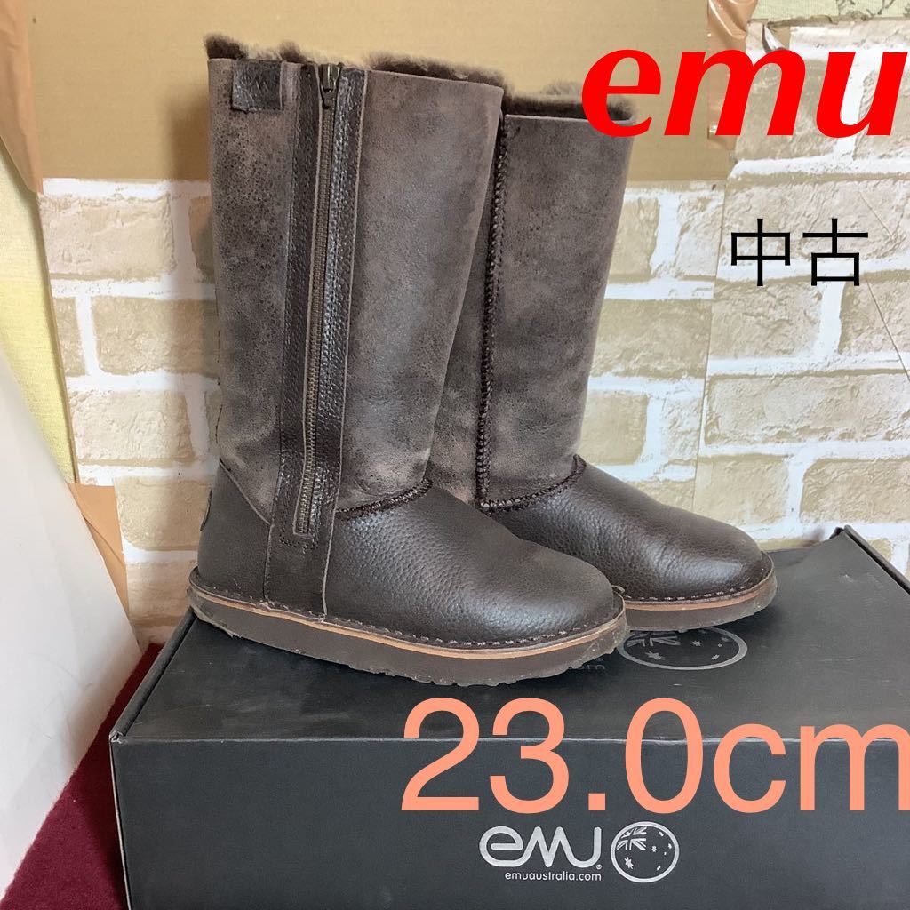 【売り切り!送料無料!】A-179 emu!ミドル丈ブーツ!23.0cm位!ブラウン!ヴィンテージ!サイドファスナー!内側ファー!暖かい!中古!拍卖