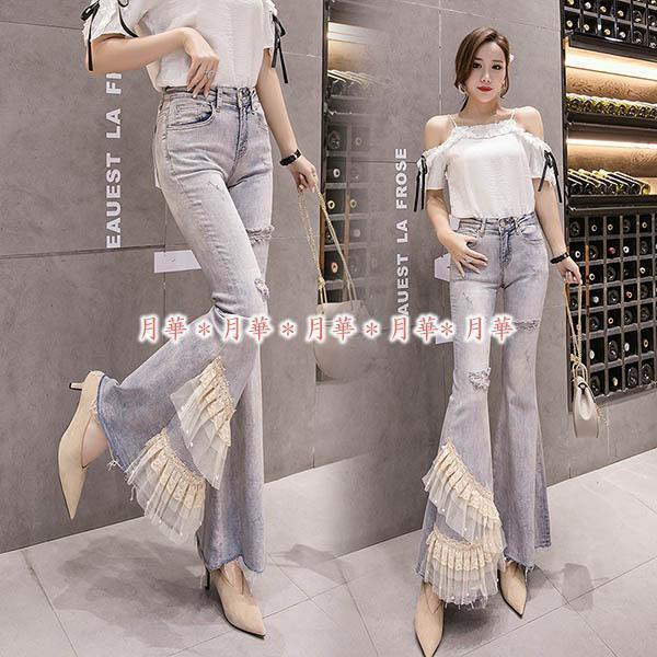 2XL (通常 M ~ L 小さめ デニム パンツ 208856 レース フリル パール ベルボトム レディース ジーンズ Gパン ジーパン デニムパンツ拍卖