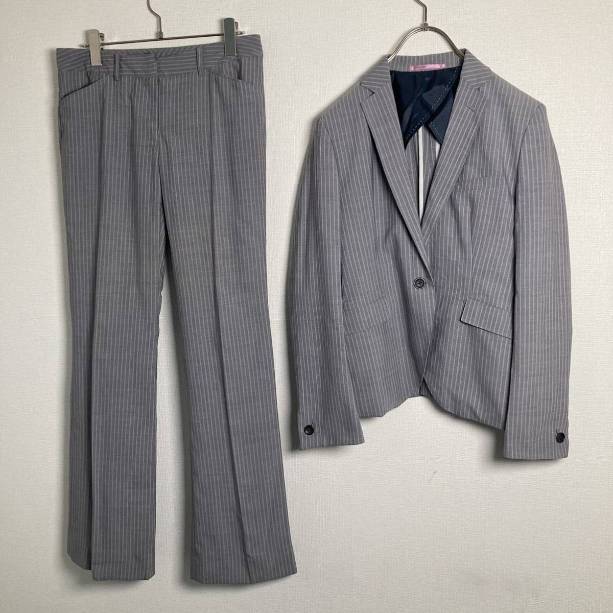 ORIHICA オリヒカ ストライプセットアップスーツ フレアシルエット グレー レディース 9サイズ ビジネス オフィス パンツスーツ拍卖