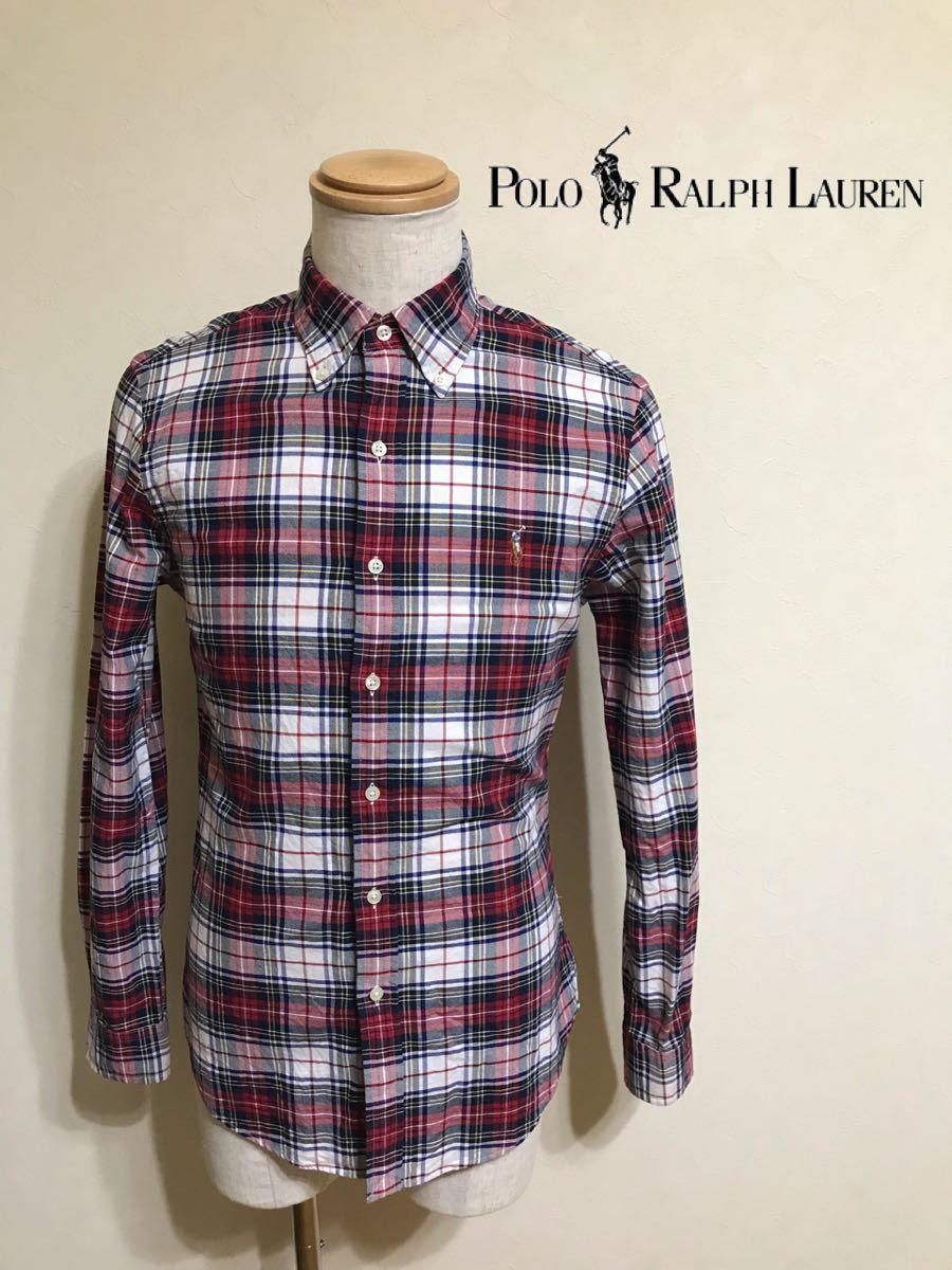 【美品】 Polo Ralph Lauren ポロ ラルフローレン ボタンダウン タータンチェック スリムフィット シャツ トップス サイズS 長袖 赤 白 紺拍卖