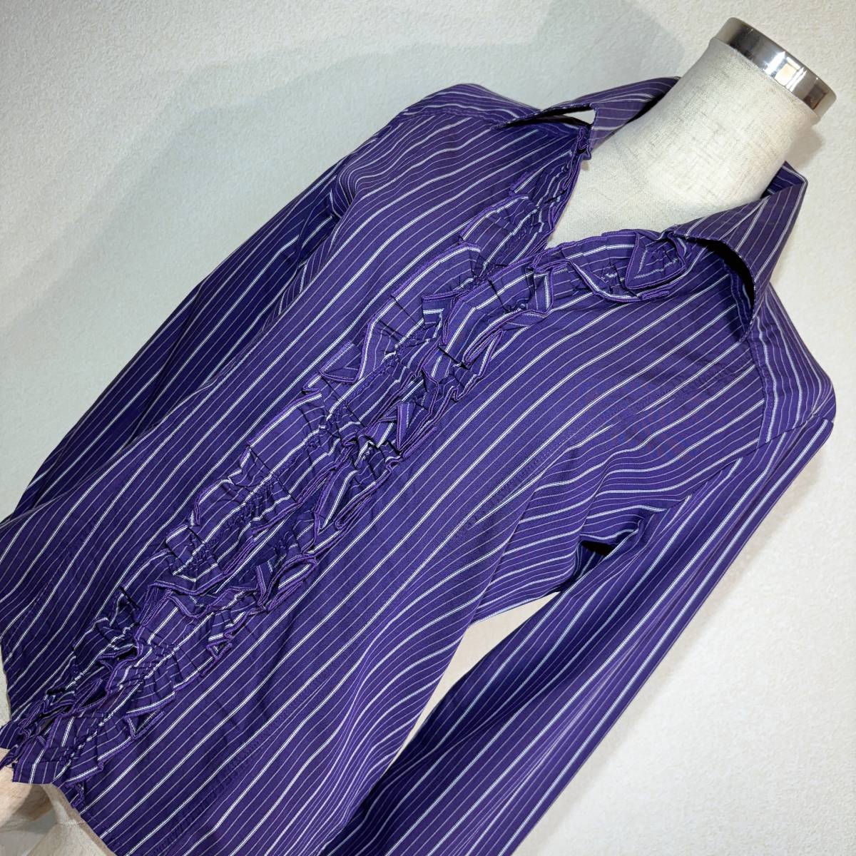 B508美品!■ナラカミーチェ★紫*白ストライプ&フリル★ブラウス■Ⅰ拍卖