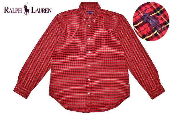 Y-6621★美品★Ralph Lauren ラルフローレン★正規品 レッド赤 チェック ポニーロゴ刺繍 長袖 しっかりした肉厚 ボタンダウン シャツ 160cm拍卖