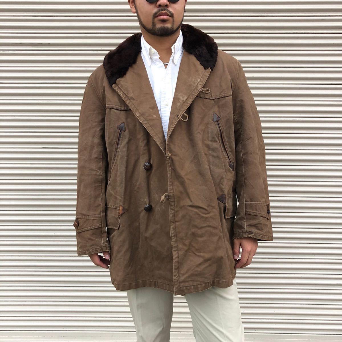 雰囲気抜群 50s フランス 襟ボア ヴィンテージ ショールカラー カナディアンコート リアルムートン マッキーノ カーコート 40s拍卖