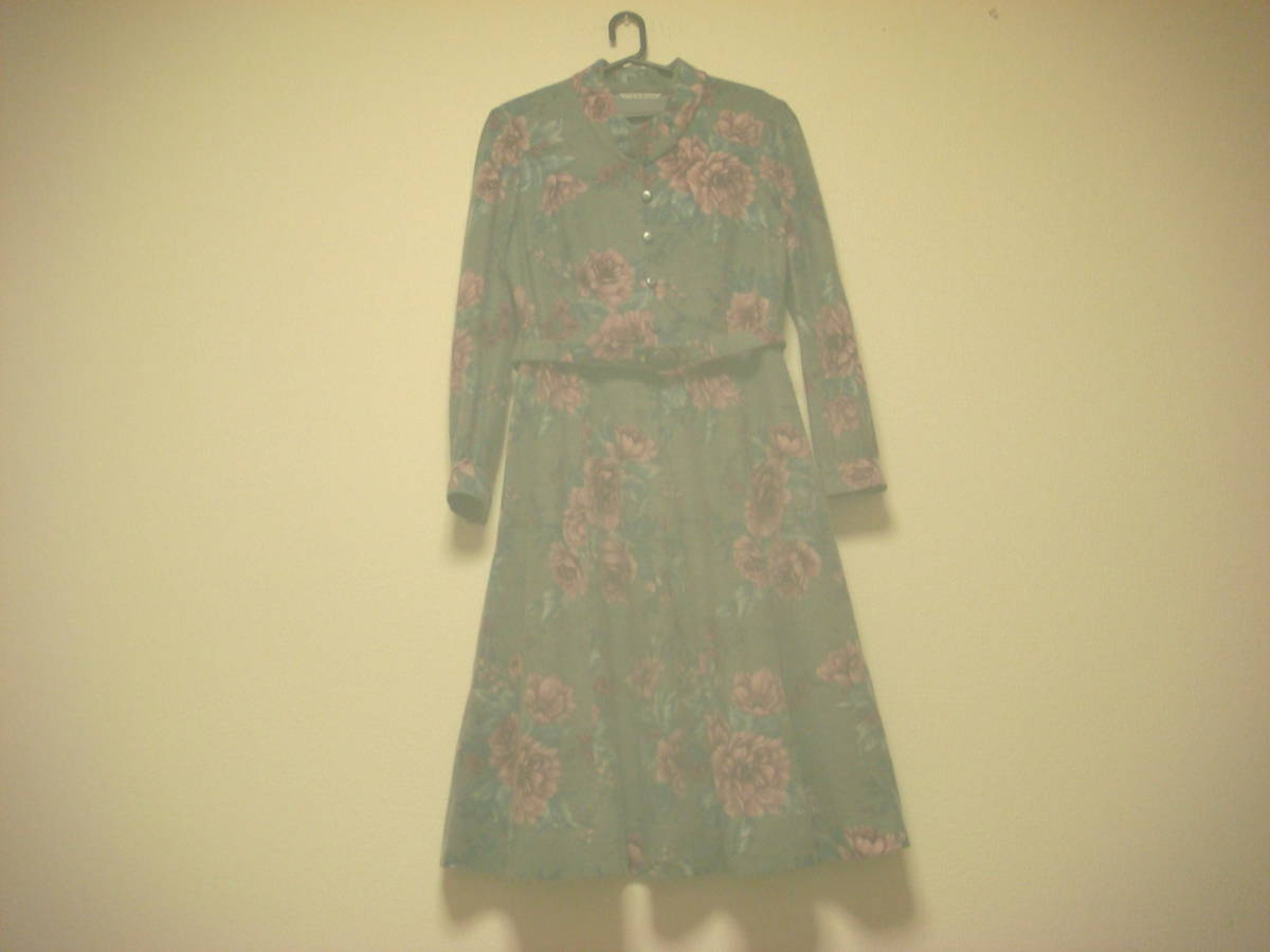 昭和レトロ アンゴラ混素材 花柄 ベルト付き ロング ワンピース 若草グレー系 良品拍卖