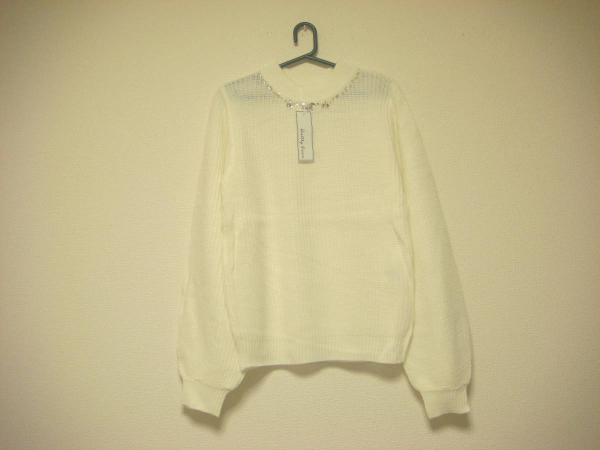 ハイネック 飾り付きデザイン ニット オフホワイト タグ付き未使用 新品 L バルーン袖拍卖