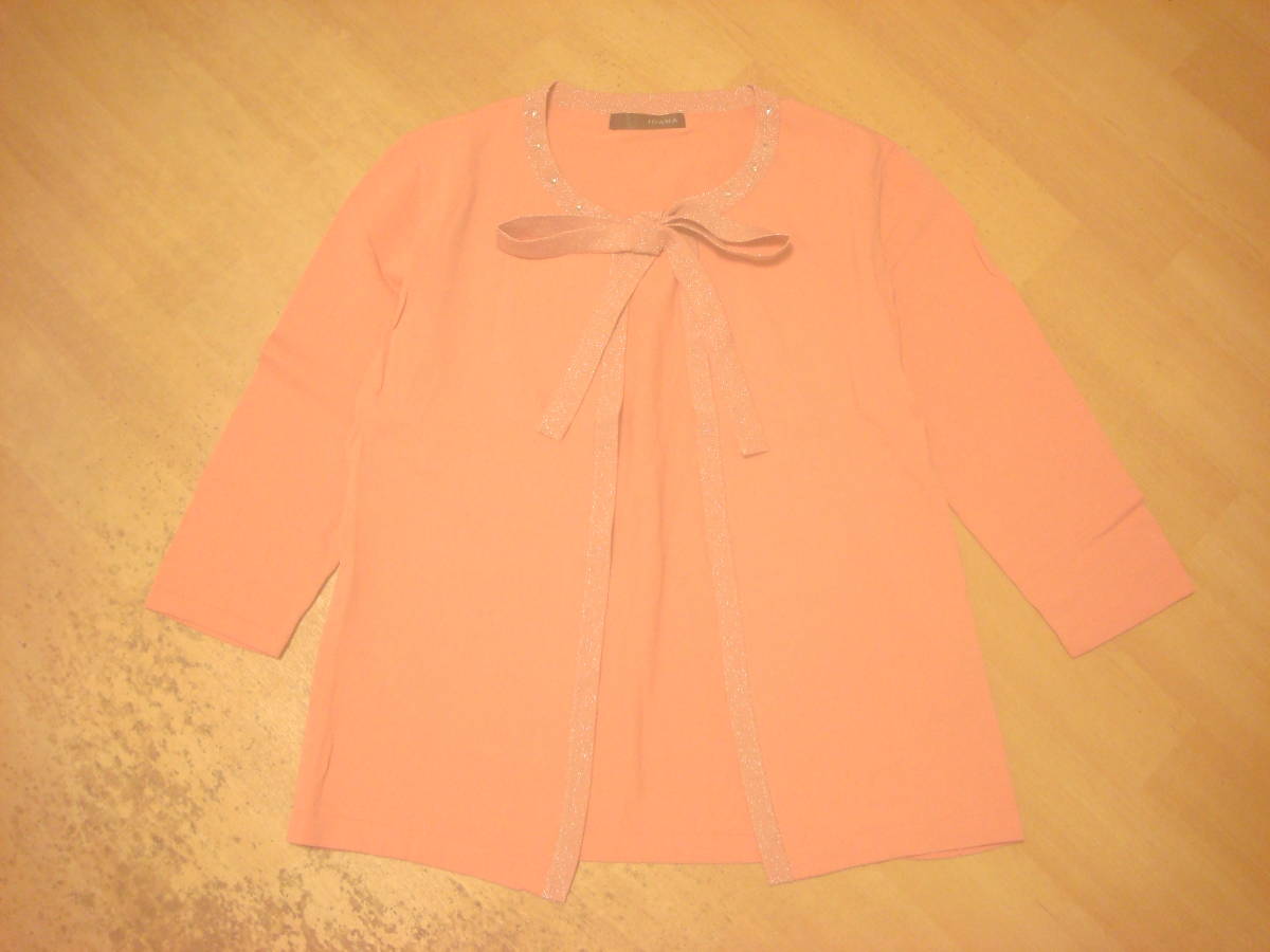 大きいサイズ ラメ縁取り おリボン付き カーディガン サーモンピンク 美品 LL拍卖