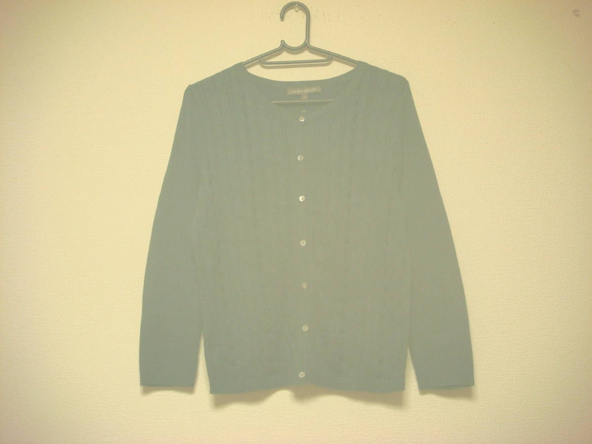 ローラアシュレイ リブ×かぎ編み カーディガン 綿100% グリーン系 S 美品拍卖