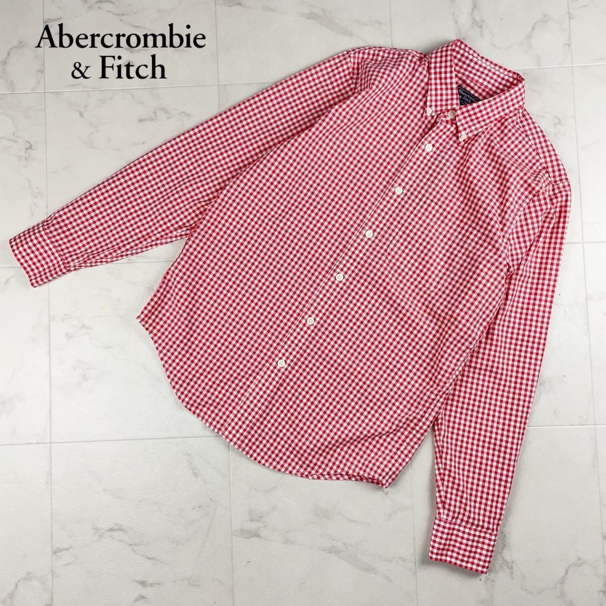 美品 Abercrombie&Fitch アバークロンビーアンドフィッチ 襟付きチェックシャツ 長袖トップス レディース 赤 レッド サイズM*JC1268拍卖