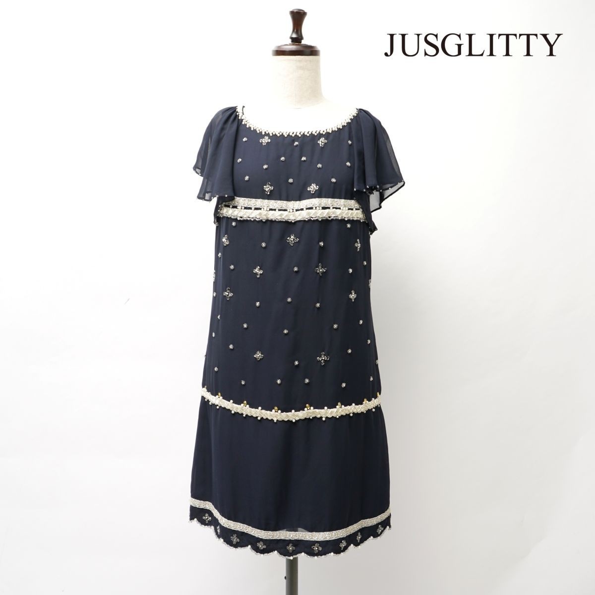 美品 JUSGLITTY ジャスグリッティー パール ビーズ刺繍 袖切替膝丈ワンピース 裏地あり レディース 紺 ネイビー サイズ1*JC226拍卖