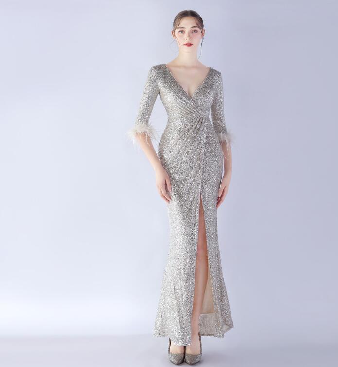EY1017 レディースワンピース  sexy大人 結婚式 ウエディングドレス ☆   披露宴 パーティー  五分袖  シルバー拍卖
