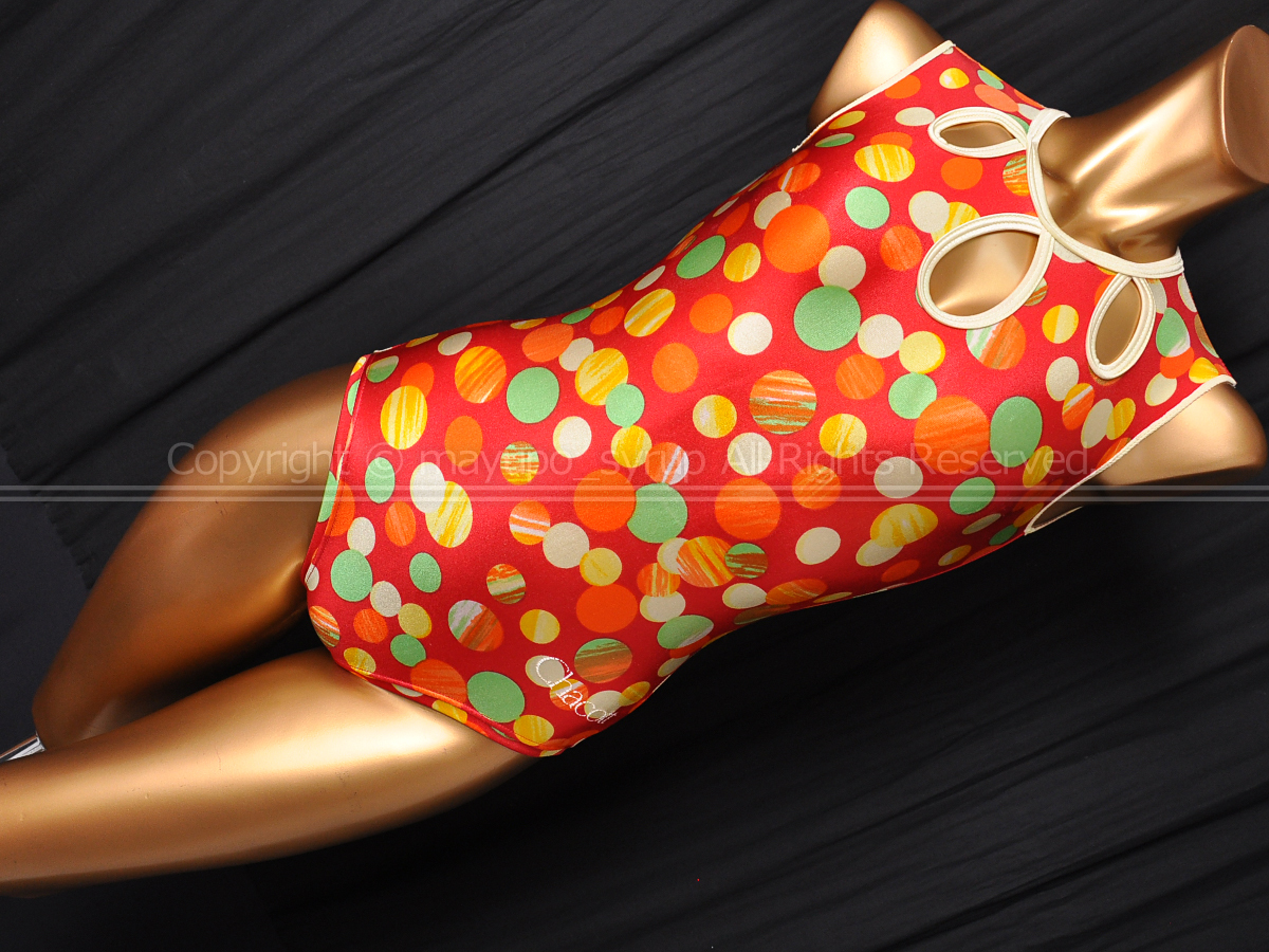 L1215-60★Chacott チャコット 胸元デザイン ノースリーブ体操レオタード ツルツル艶々レッド柄 JuniorL拍卖