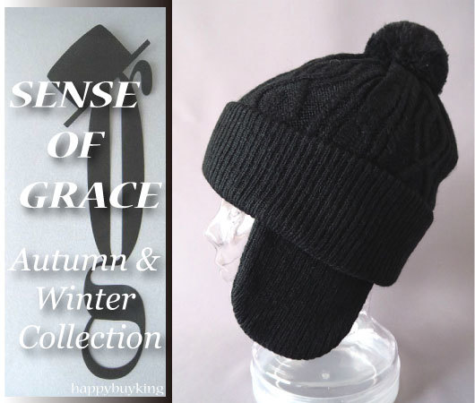 graceグレース★2way耳あて付ニットキャップ【黒】新品 男女兼用 手洗いOK ケーブル編み ボンボン ニットワッチ センスオブグレース拍卖