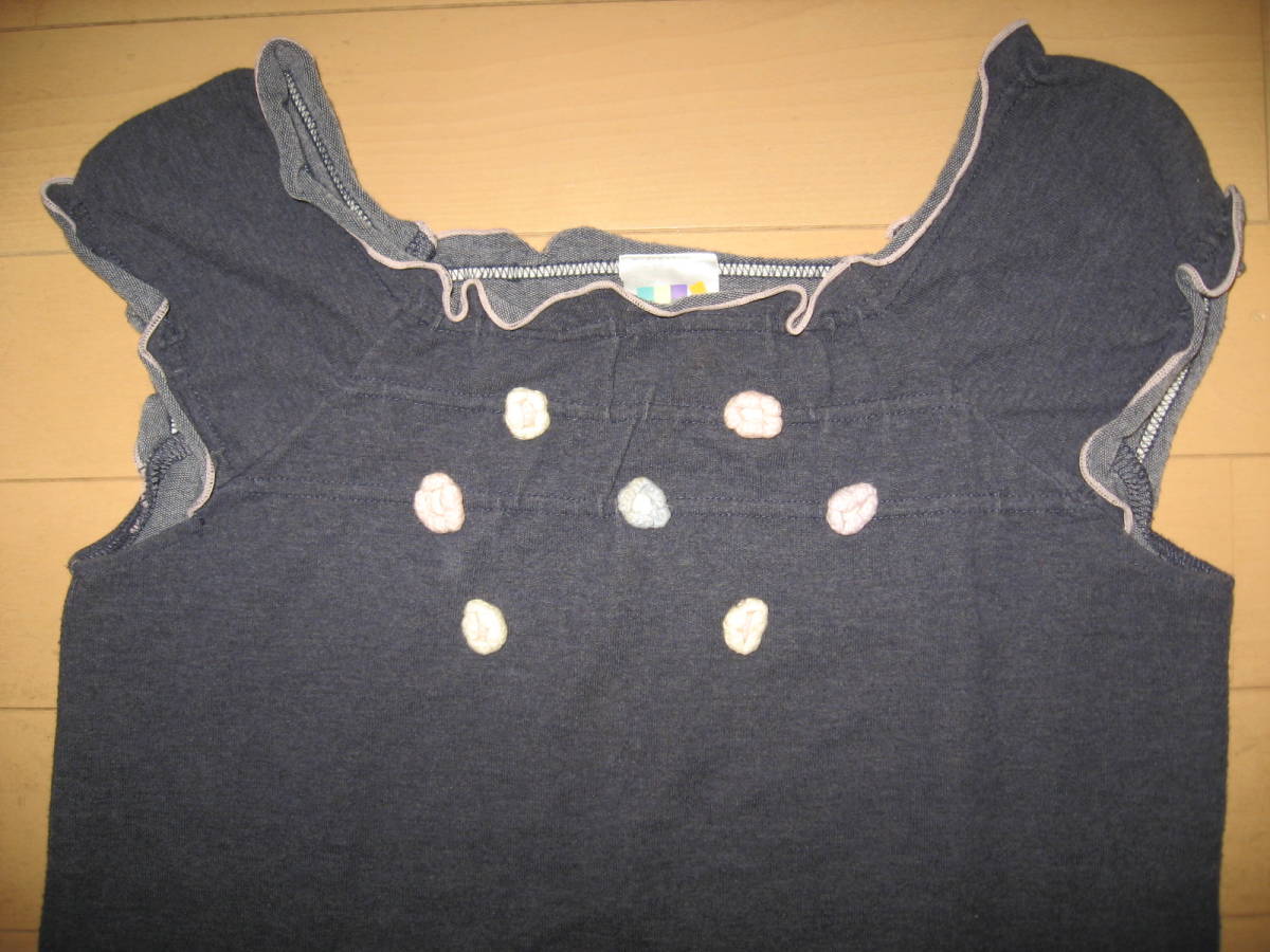 美品 motherways マザーウェイズ 130 カットソー 紺 お花 刺繍 半袖 ブルー 青拍卖