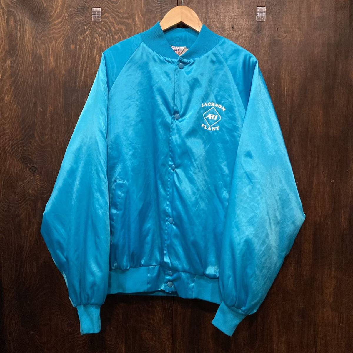 USA古着 アワードジャケット WEST ARK サテンブルゾン スタジャン 青 XLサイズ サテンジャケット拍卖