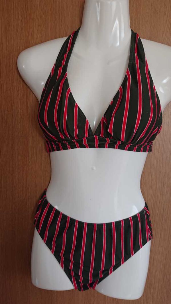 ☆カーキ×赤☆ストライプ柄のビキニ2点セット☆11L☆ニッキー株式会社☆拍卖