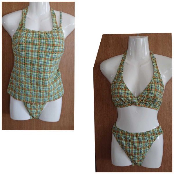 ☆黄緑×オレンジ☆チェック柄のビキニ3点セット☆キャミソール付き☆11L☆株式会社ブラックシャーク☆拍卖