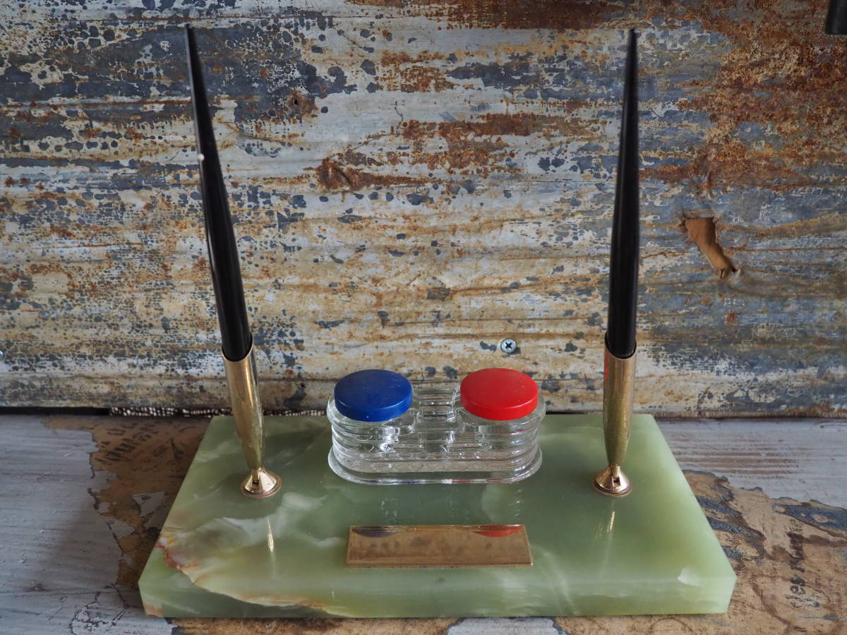 【アメリカンアンティークインク壷付きペン立て】古道具骨董インテリア文具文房具インダストリアル卓上文房具デスク大理石ガラス容器万年筆拍卖