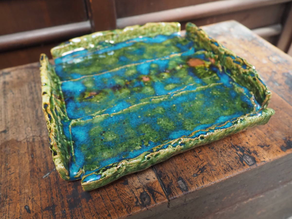 【織部加飾四方隅切り箱皿】陶製和食器割烹懐石料理花瓶茶道豆皿焼き物旅館茶室美濃焼花入れ古道具アンティーク古民家インテリア骨董古民具拍卖