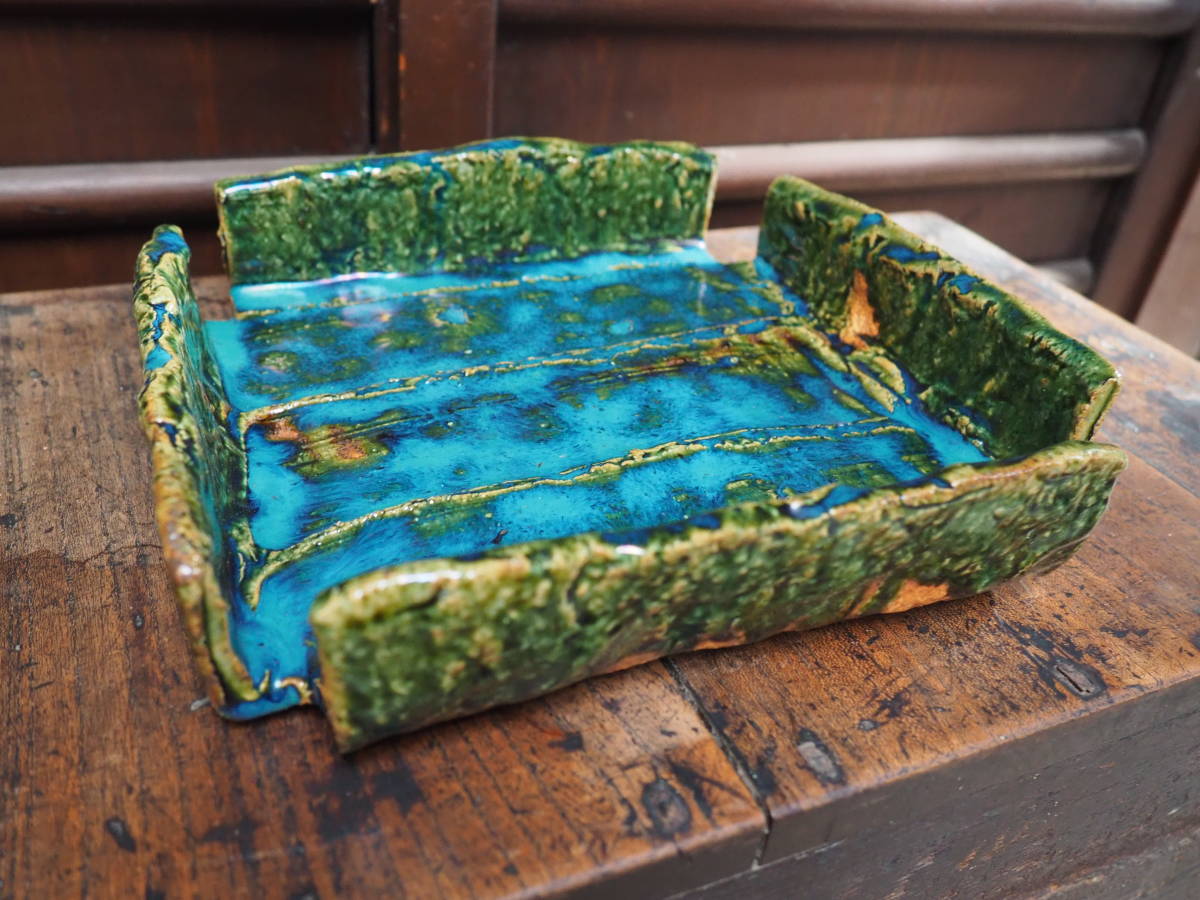 【織部加飾四方隅切り箱鉢】陶製和食器割烹懐石料理花瓶茶道豆皿焼き物旅館茶室美濃焼花入れ古道具アンティーク古民家インテリア骨董古民具拍卖