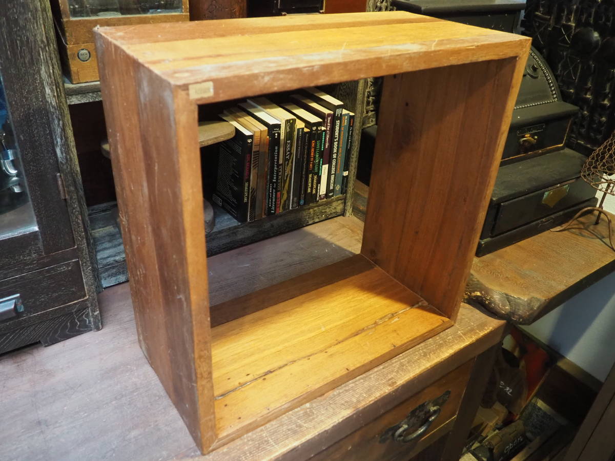【フランス蚤の市オールドチーク升本棚】無垢材レコードキャビネット木製ブックスタンド古道具アンティーク骨董インテリアインダストリアル拍卖
