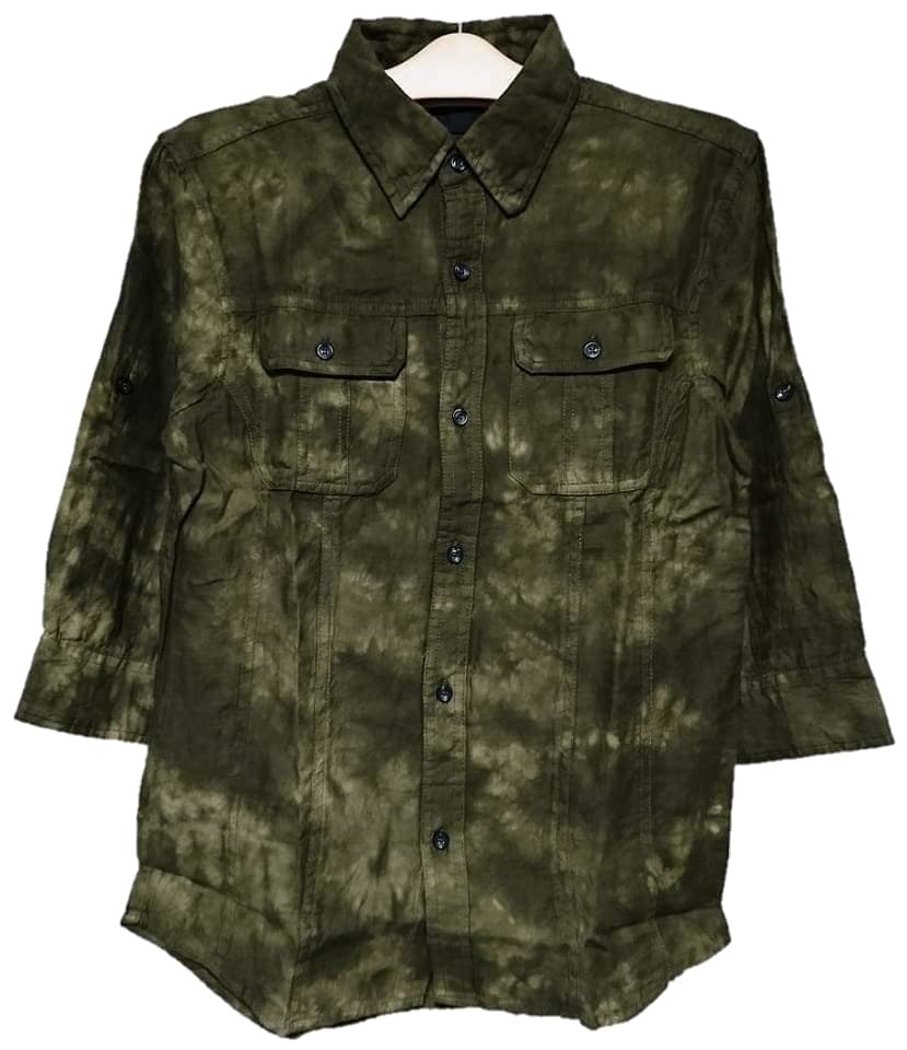 激安オクスタ!新品タグ付き!アトリエサブメン/ATELIER SAB MEN/2WAY/タイダイ柄7分袖シャツ M オリーブ 見逃し損!拍卖