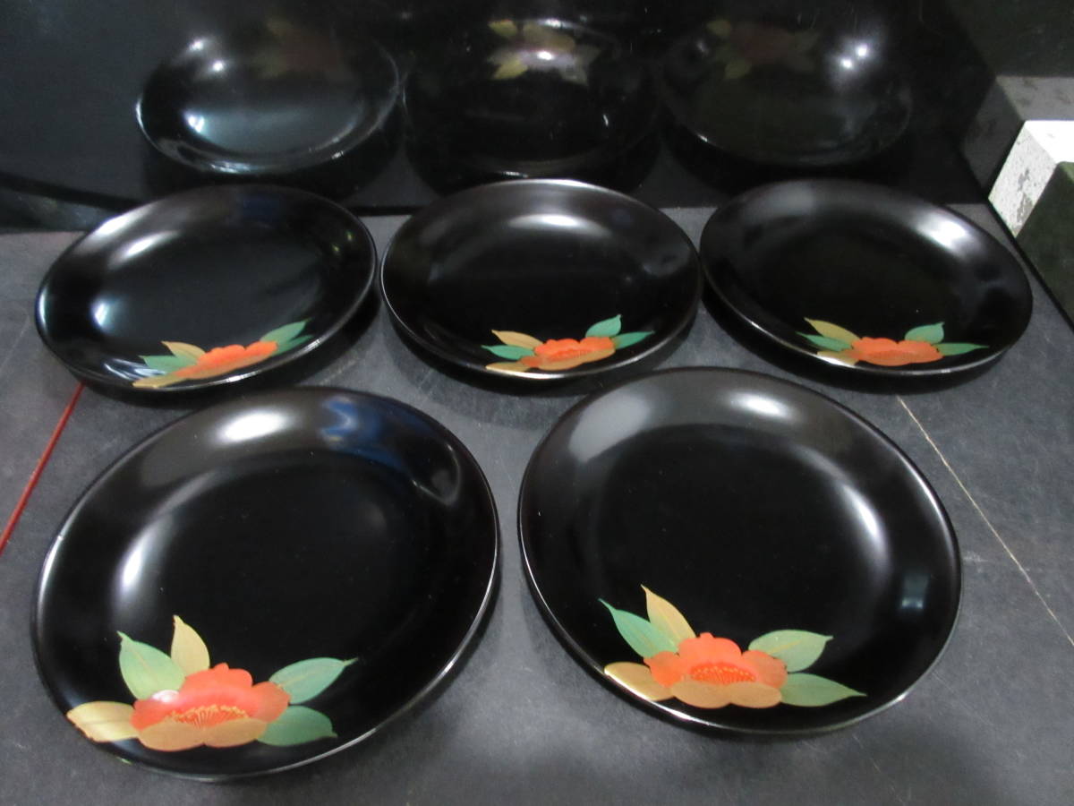 未使用 NO2 会津漆木乾漆 五寸羽反 銘々皿5個 山茶花 拍卖