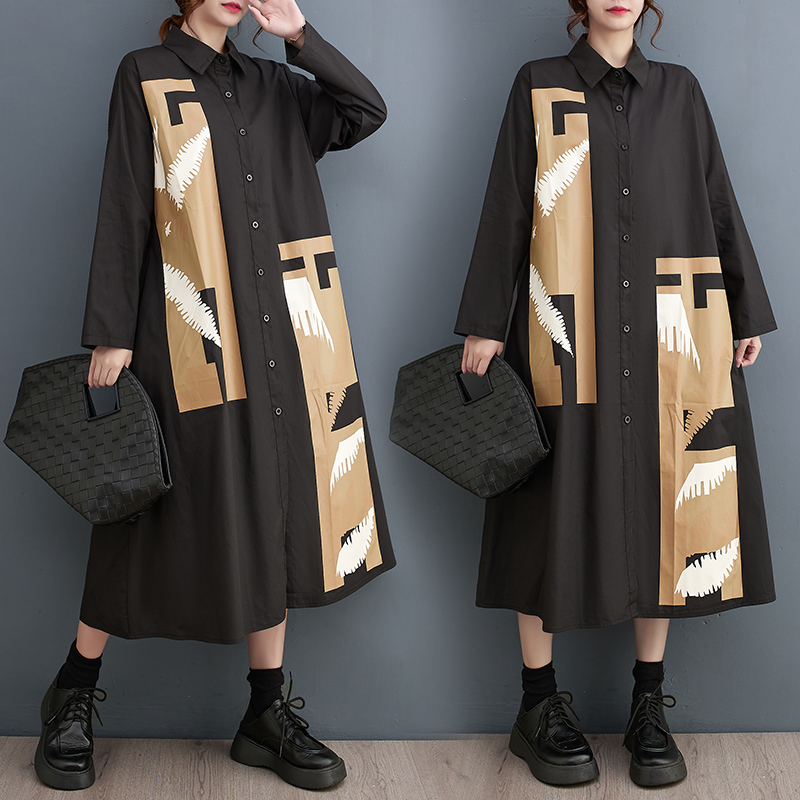 「同梱1万円送料無料」 秋新作*レディース*カジュアル*ゆったり大きいサイズ*体型カバー*切替*プリント柄*ロングシャツワンピース*F拍卖