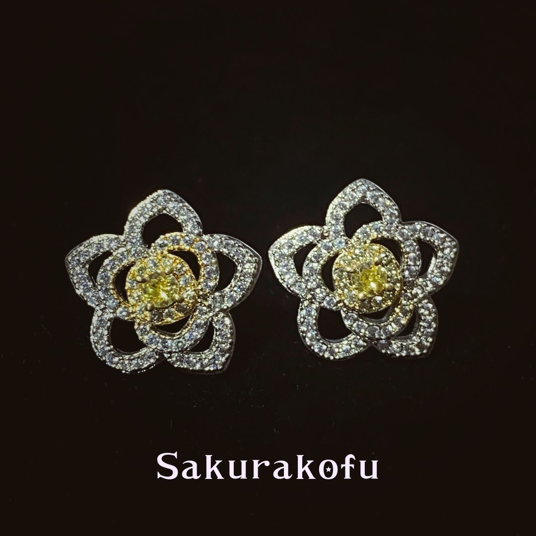 レディース ピアス お花デザイン イエローカラー キャッチピアス シルバー アクセサリー(D155)拍卖