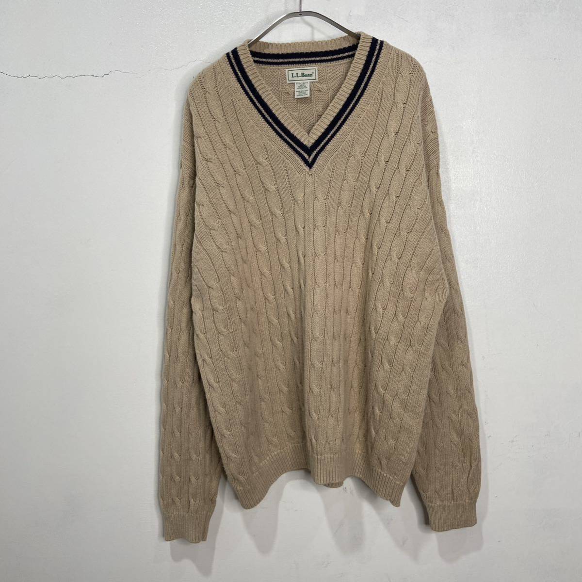☆送料無料☆90s☆L.L.Bean☆チルデンセーター☆Vネックニット☆ベージュ☆Lカナダ製拍卖