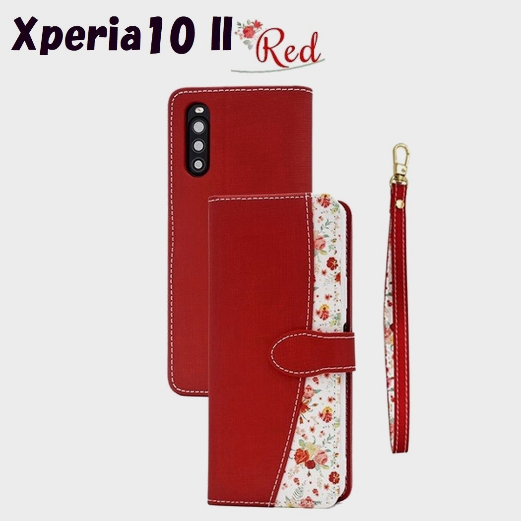 Xperia 10 II:無地×ブーケ フローラル 花束 小花柄 手帳型 ケース★レッド 赤拍卖