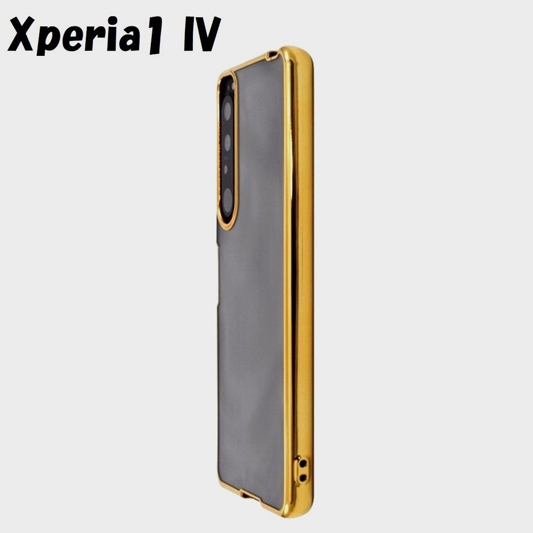 Xperia 1 IV:メタリック カラー バンパー 背面クリア ソフトケース★ゴールド 金拍卖