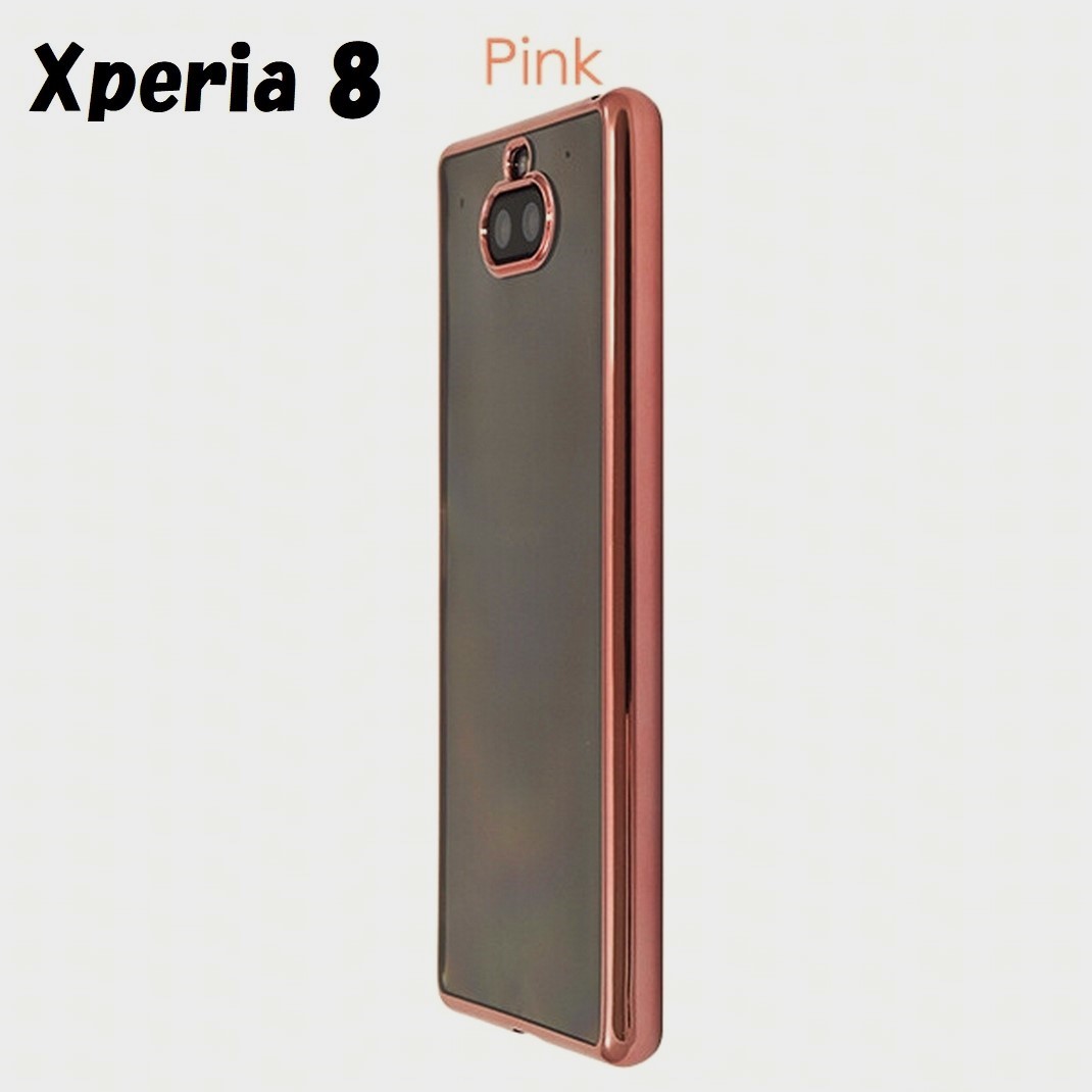 Xperia 8:メタリック カラー バンパー 背面クリア ソフト ケース★ピンク 桃拍卖