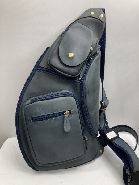 ★送料割引!ハンドメイド ボディバッグ ワンショルダーバッグ トラベルバッグ 牛革 オイルレザー ダークブルー★未使用格安!拍卖