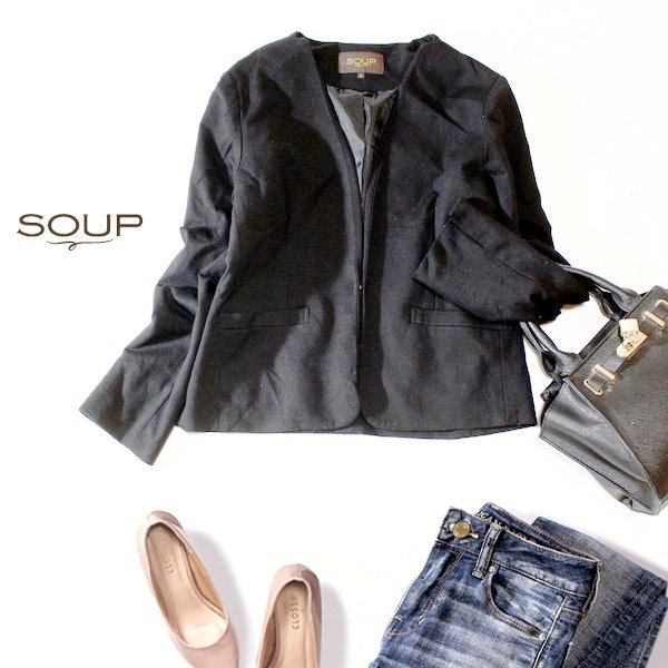 ☆☆ 美品 (株)ワールド SOUP スープ ☆☆ 綺麗め ノーカラー ジャージーストレッチ ジャケット 9号 M 春 秋 合服 23A10拍卖