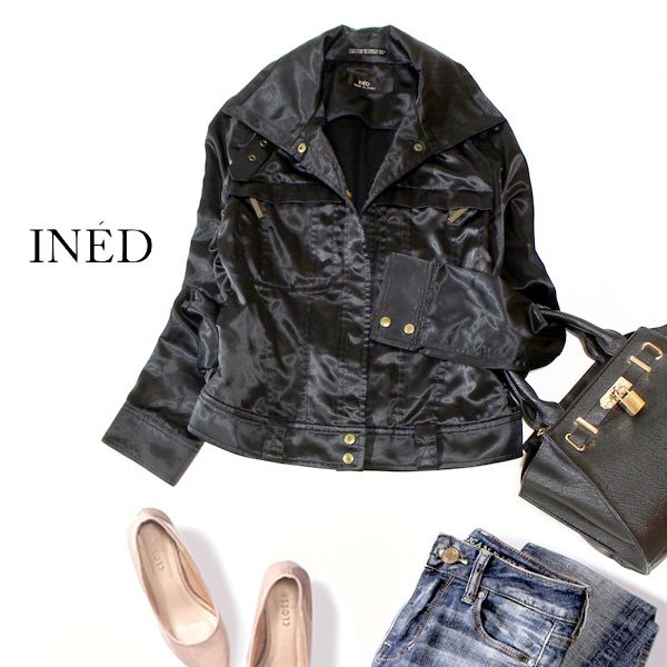 ☆☆ 美品 (株)フランドル INED イネド ☆☆ 大人可愛い ナイロン・ライダース調 ジャケット 7号 S 秋 合服 23B10拍卖