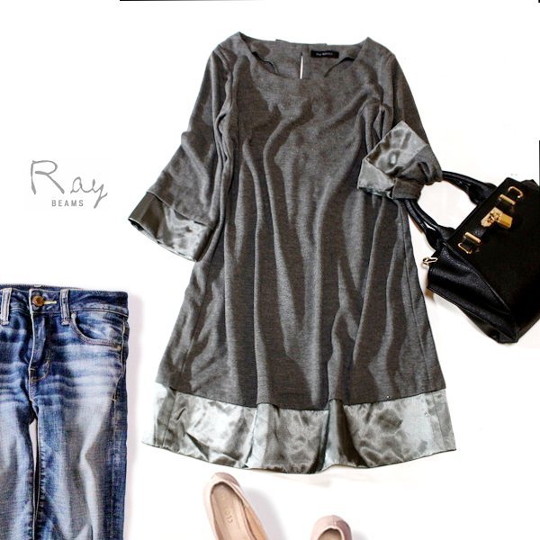 ☆☆ 美品 Ray BEAMS レイ ビームス ☆☆ 可愛い バックリボン サテン切り替え ストレッチ チュニック F 春 秋 合服 23C10拍卖