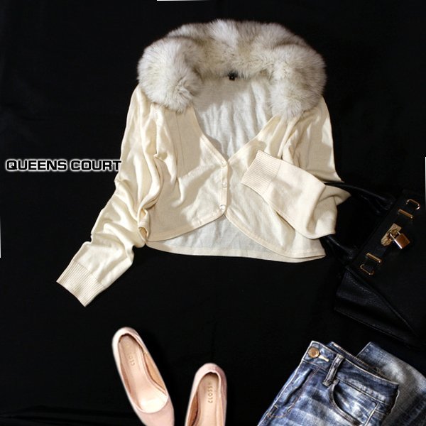 ☆☆ 美品 QUEENS COURT クイーンズコート ☆☆ 綺麗め 2Wayフォックスファー ウール100% ショートニット カーディガン 2号 M 秋 冬 23C10拍卖