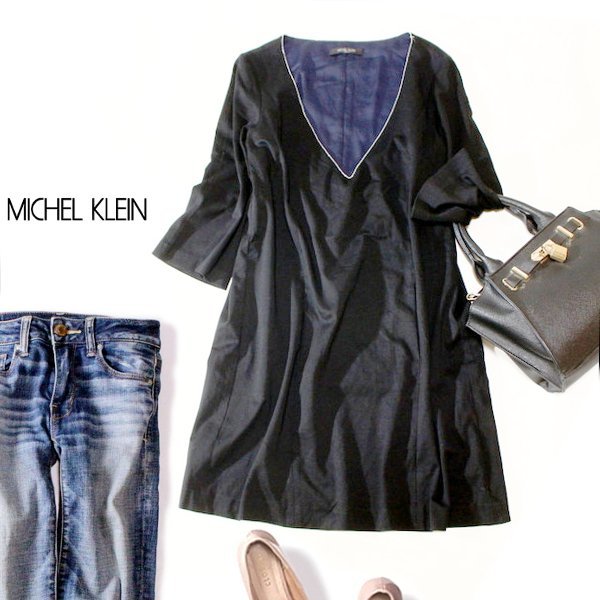 ☆ 美品 MICHEL KLEIN ミッシェルクラン ☆ 綺麗め シルバーメタル付き レーヨンジャージー生地 ストレッチ チュニック F 春 秋 合服 23C10拍卖