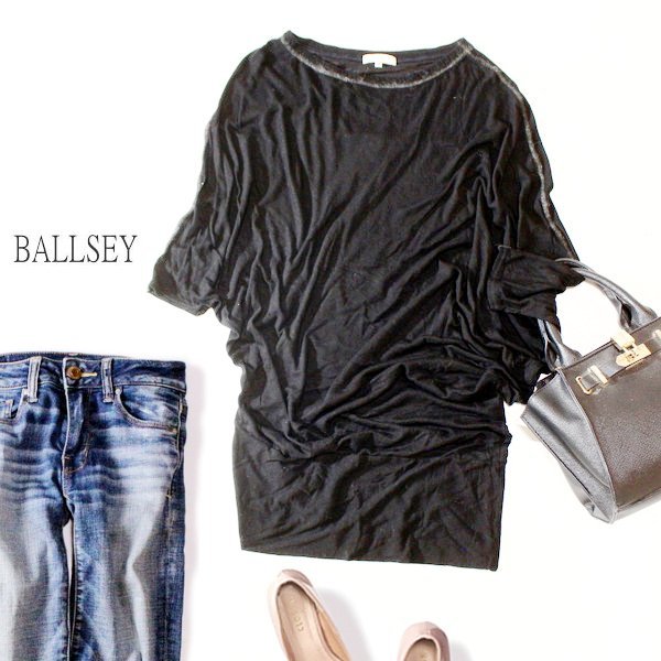 ☆☆ 美品 BALLSEY ボールジィ ☆☆ ゆったり綺麗め テンセル ストレッチ 薄手 アシンメトリー ニット チュニック 38号 M 秋 合服 23D10拍卖