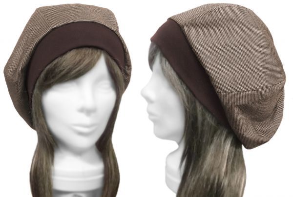 ◇送料無料◇ ハンドメイド◆リブ付ベレー帽◆千鳥柄 ウール混ジャガード織ニット/茶系 ◇ゆったりサイズ・小顔効果・長いシーズン着用◇拍卖