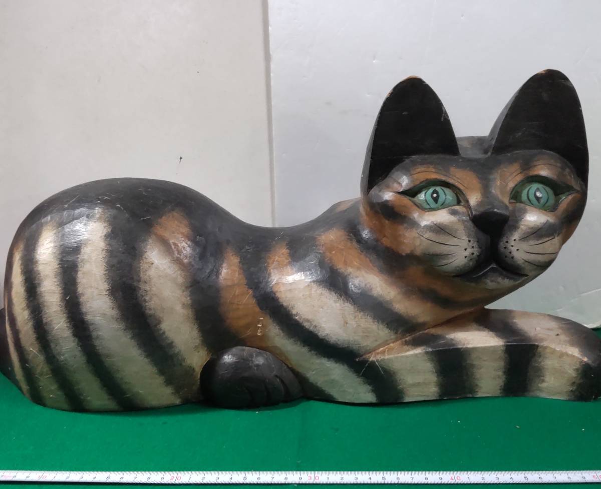【約60×25×28cm】アンティーク 木彫 猫 置物 昭和レトロ アジア 彫刻●H3015拍卖