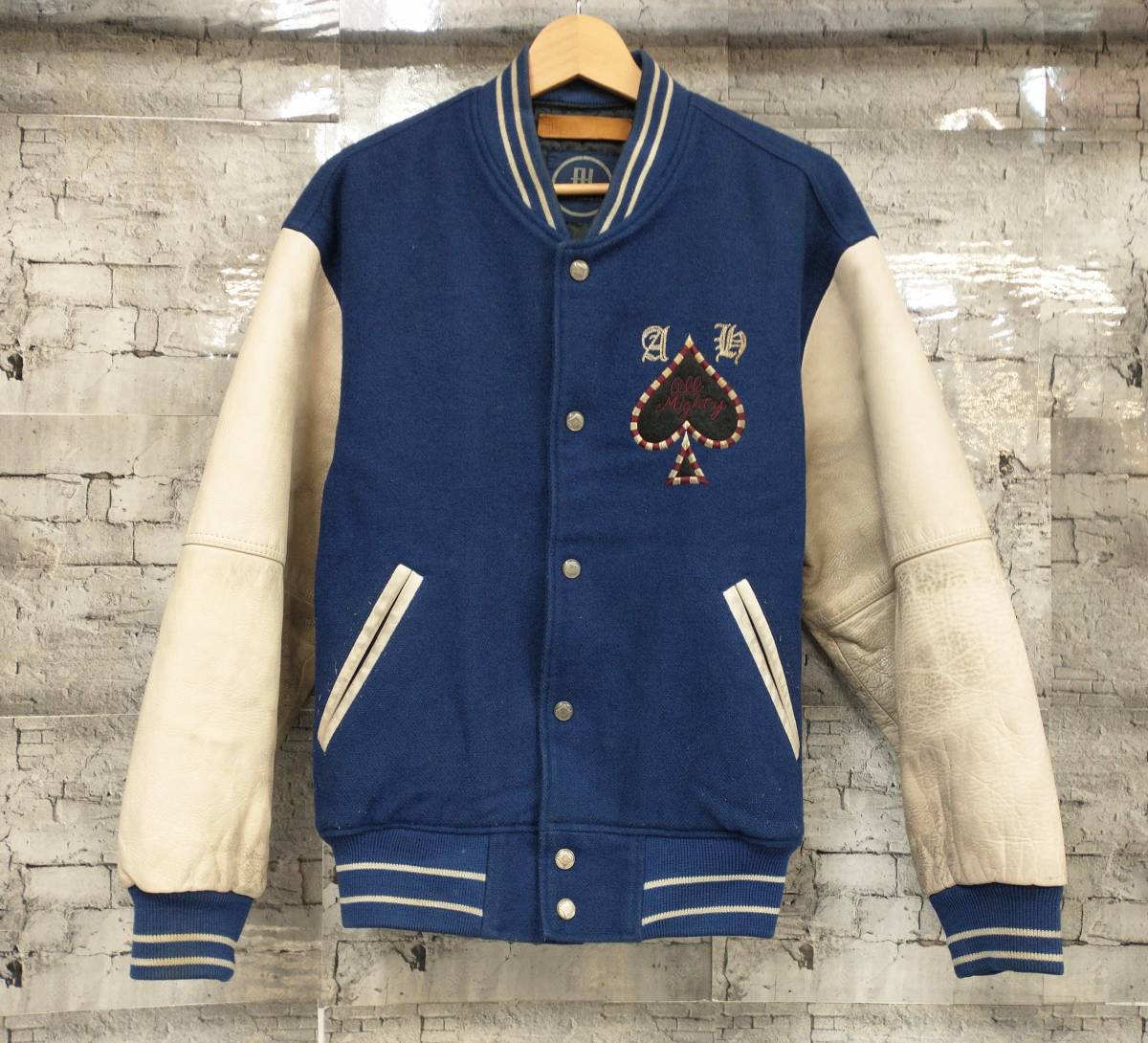 90s ABA HOUSE アバハウス スタジャン レザー切替 トランプ柄 牛革 サイズ表記F ネイビー ホワイト 店舗受取可拍卖