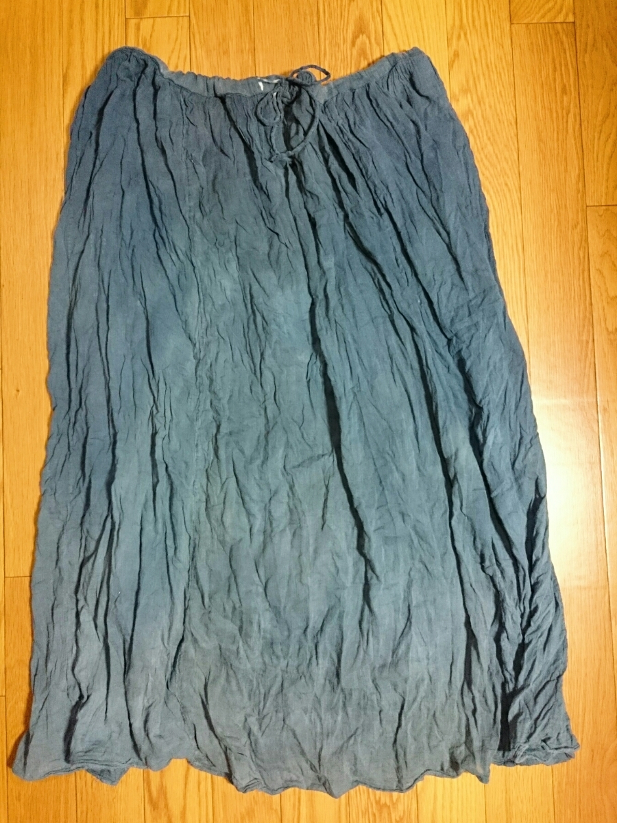 ロングスカート ギャザー シワ加工 コットン ネイビー拍卖
