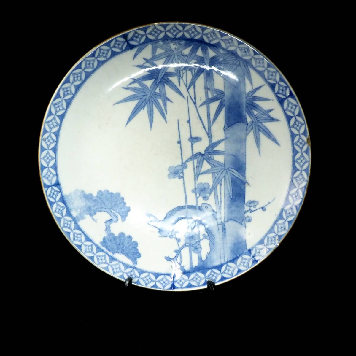 時代を経て増した味わいが素晴らしい! 明治期 ビンテージ 印判手 染付松竹梅紋1尺3寸大皿 吉祥紋絵皿 絵皿 飾り皿 TNI510拍卖