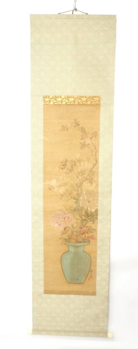 江戸期 ビンテージ 椿椿山『百花瓶立図』日本画 絹本掛軸 落款有 花鳥画 古い掛軸 木箱付き 長さ182cm 幅45cm TNI510拍卖